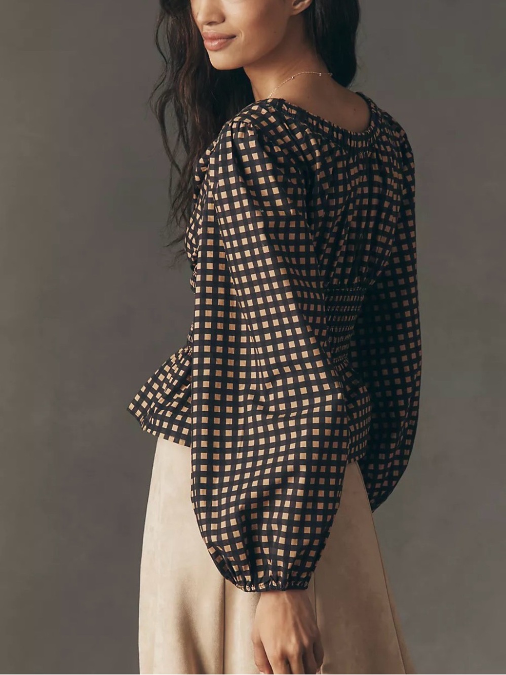 Anthropologie Gingham Black & Tan Smocked Peasant Peplum Blouse Size Medium - Picture 2 of 8